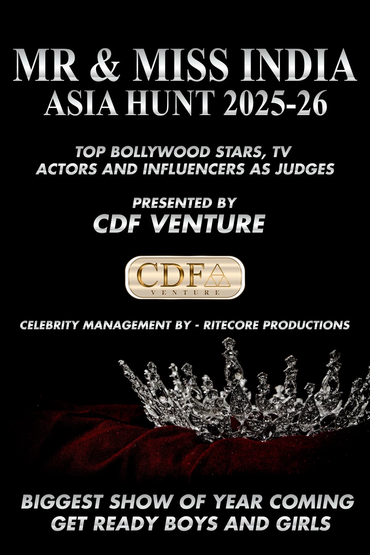 Portrait format CDF Venture Mr and Miss India Asia Hunt poster