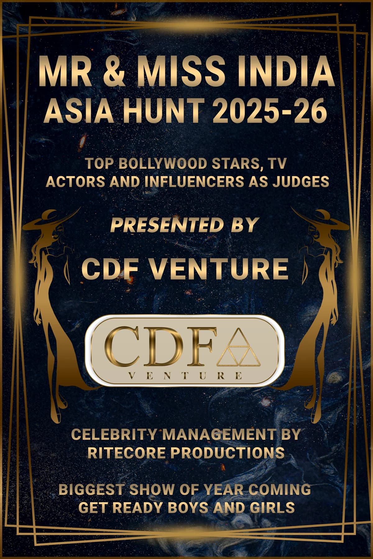 Black and gold Mr and Miss India Asia Hunt event poster
