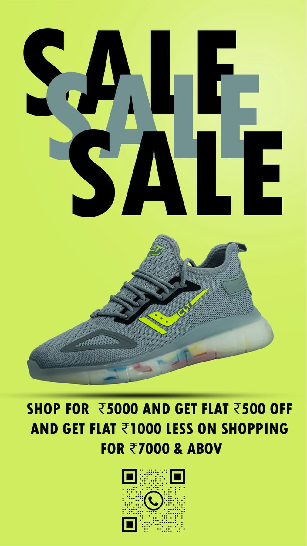 Bright sale poster with repeated sale lettering and sneaker